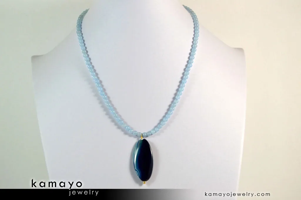 BLUE AGATE NECKLACE - Long Oval Blue Agate Pendant