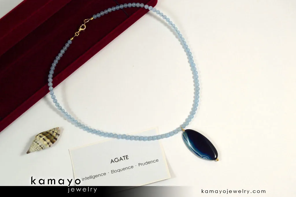 BLUE AGATE NECKLACE - Long Oval Blue Agate Pendant