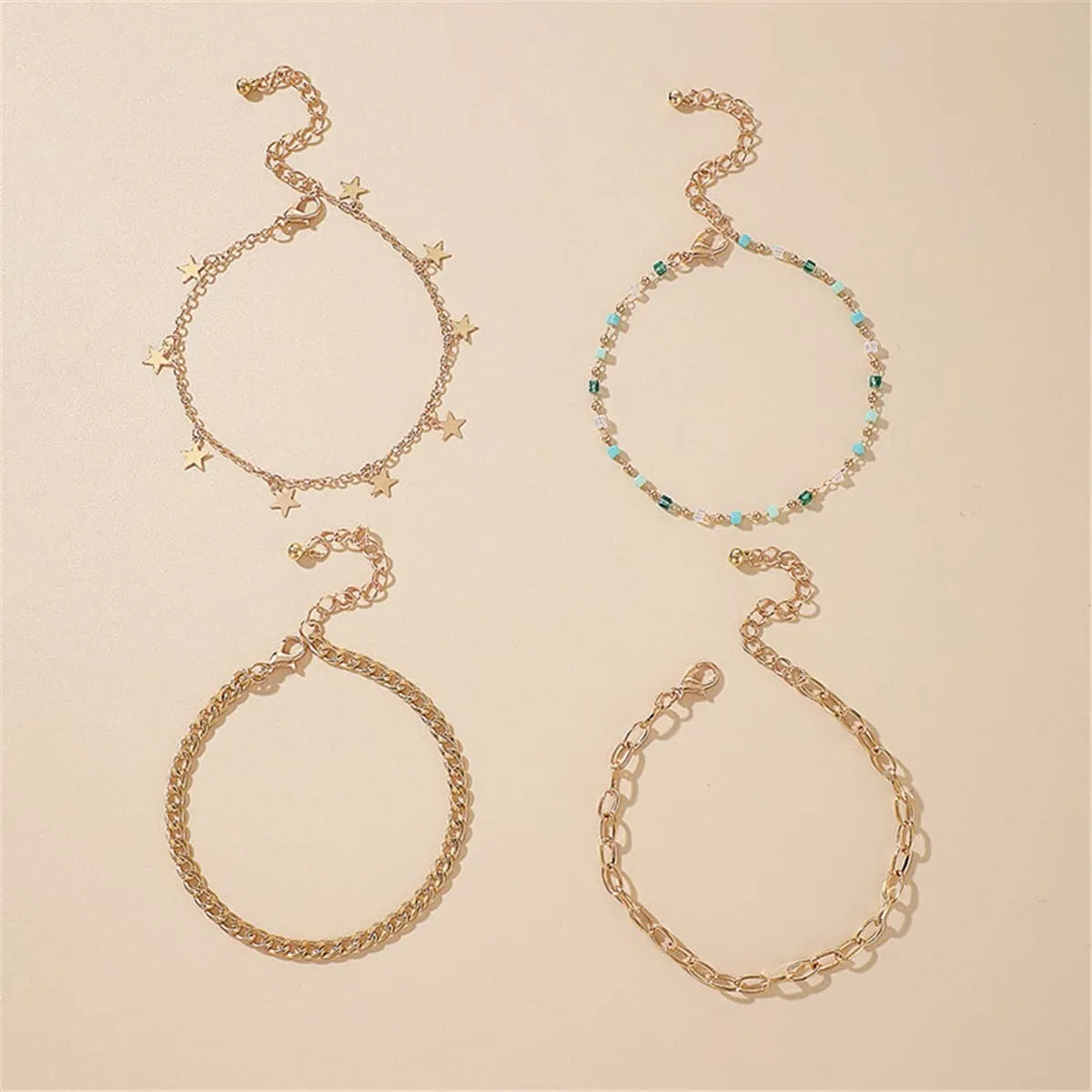 Blue & 18K Gold-Plated Star Station Figaro Anklet Set