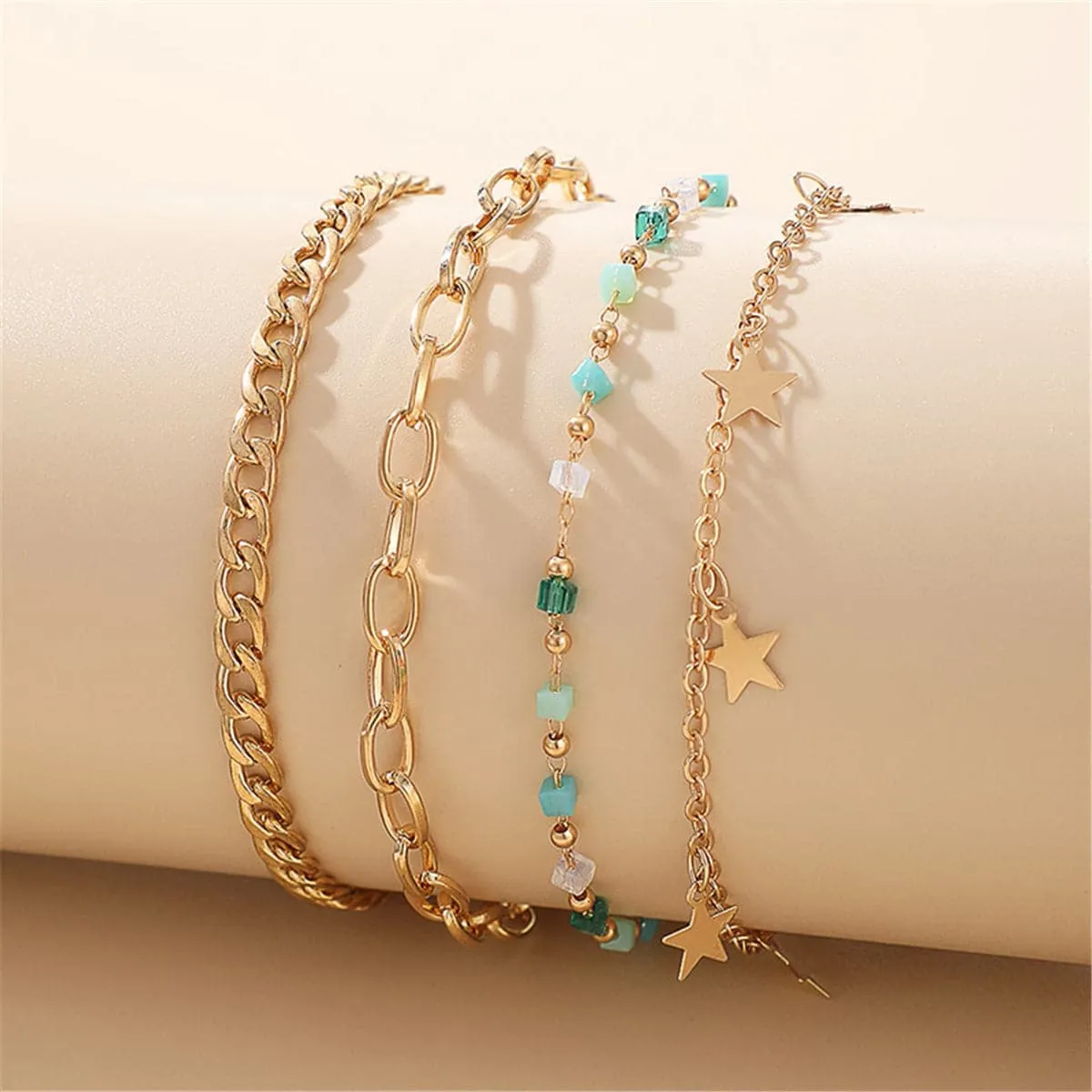 Blue & 18K Gold-Plated Star Station Figaro Anklet Set
