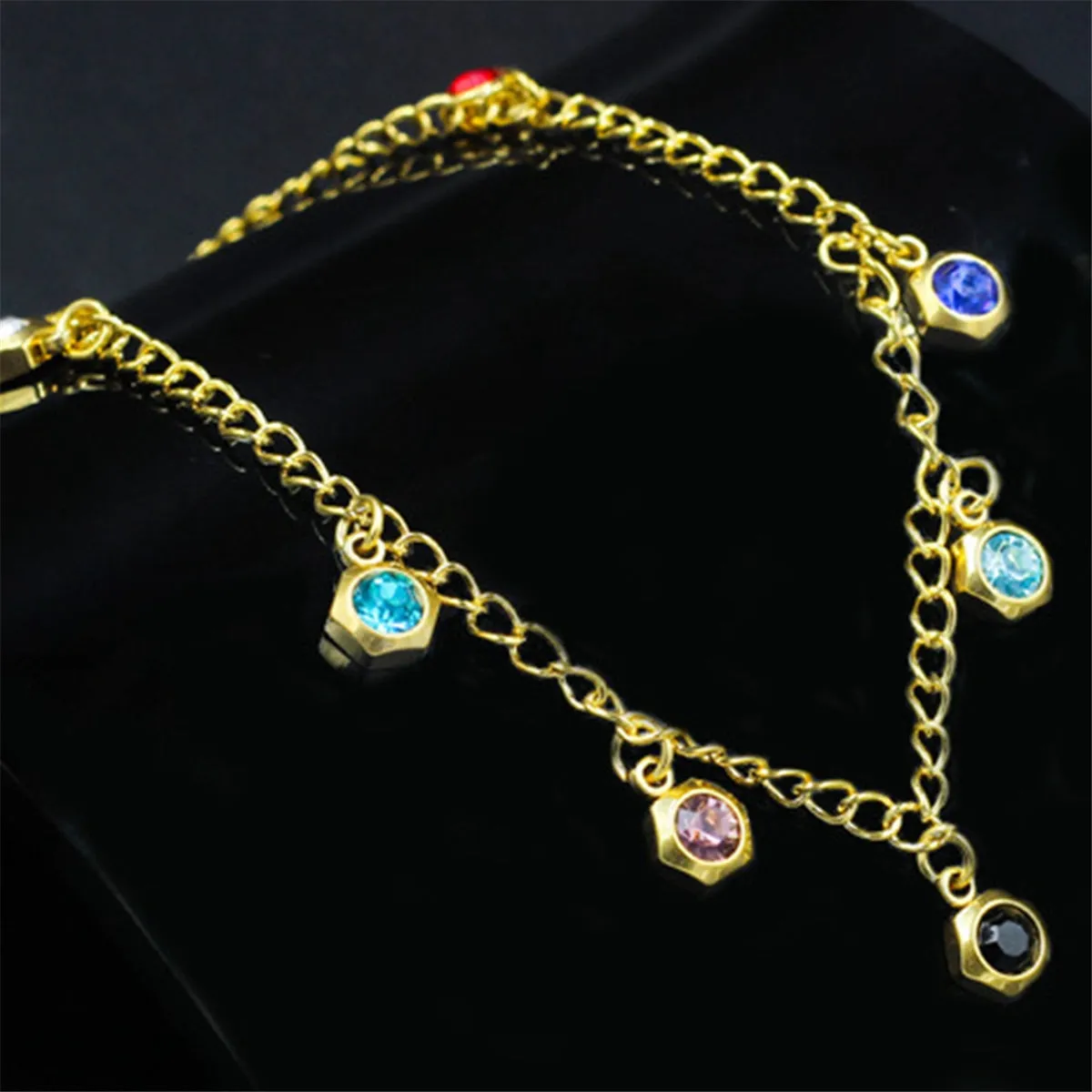 Blue Cubic Zirconia & 18K Gold-Plated Hexagon Tassel Anklet