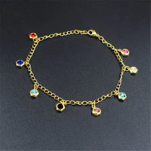Blue Cubic Zirconia & 18K Gold-Plated Hexagon Tassel Anklet