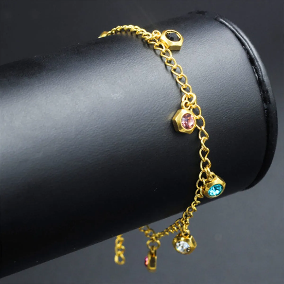 Blue Cubic Zirconia & 18K Gold-Plated Hexagon Tassel Anklet