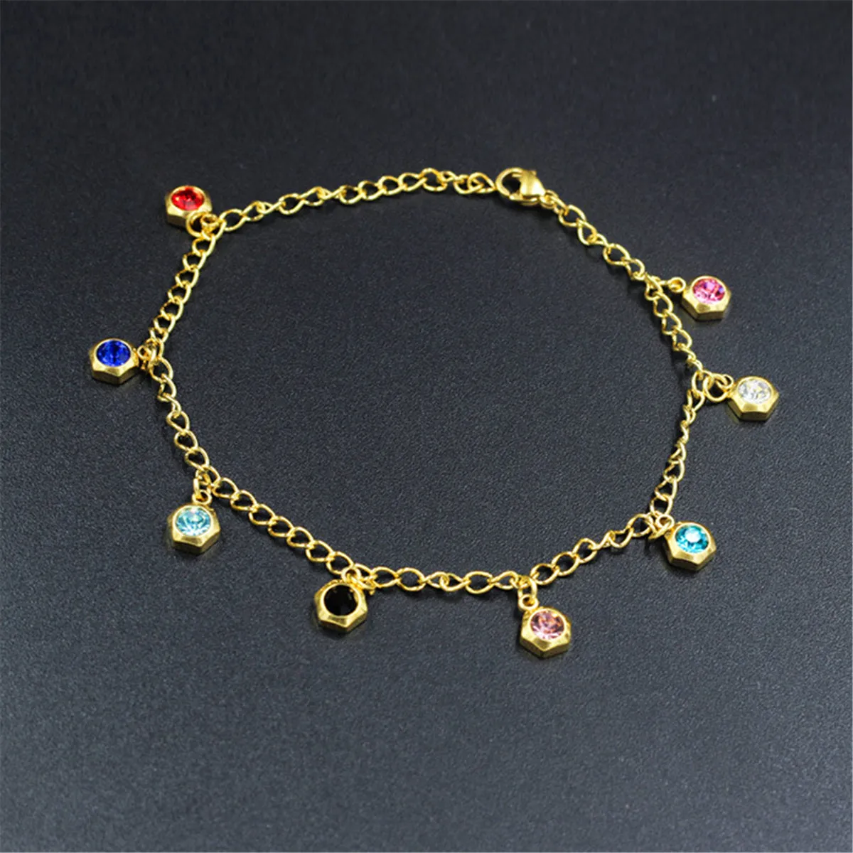 Blue Cubic Zirconia & 18K Gold-Plated Hexagon Tassel Anklet