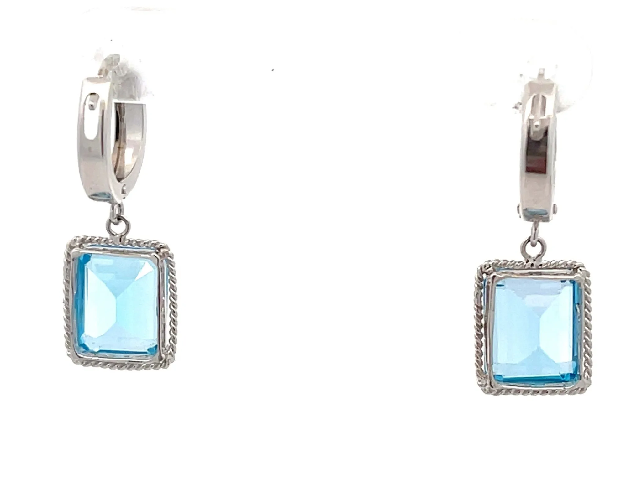 Blue Emerald Cut Topaz Drop Hoop Earrings in 14K White Gold