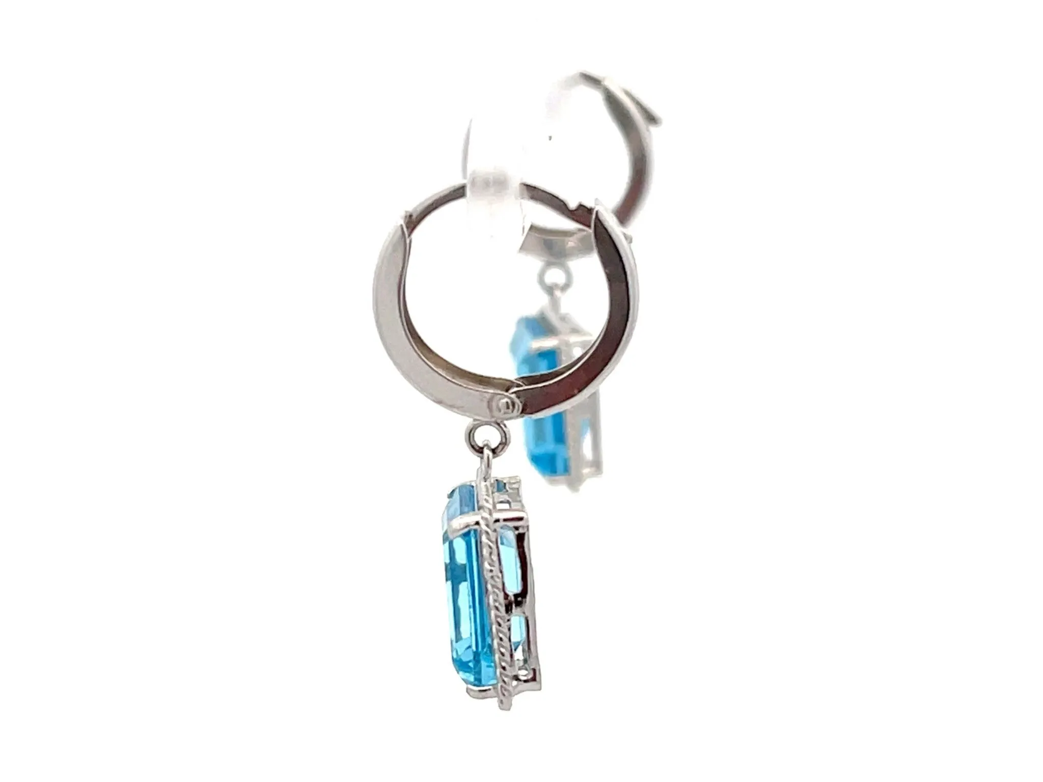 Blue Emerald Cut Topaz Drop Hoop Earrings in 14K White Gold