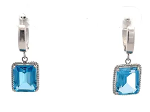 Blue Emerald Cut Topaz Drop Hoop Earrings in 14K White Gold