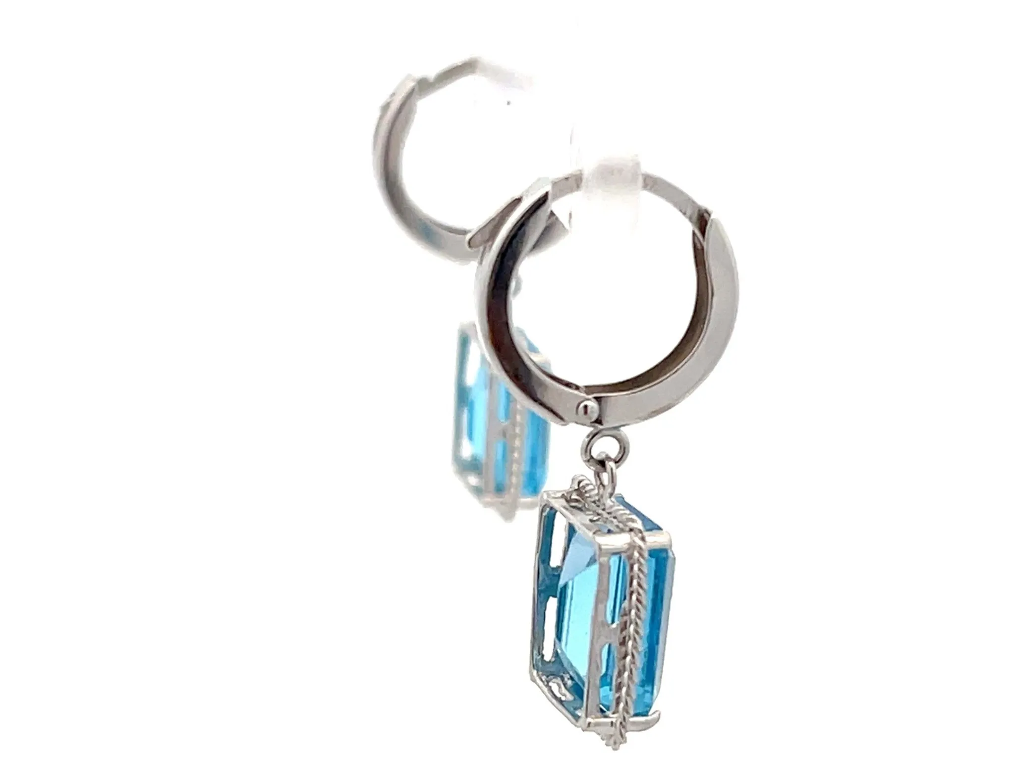 Blue Emerald Cut Topaz Drop Hoop Earrings in 14K White Gold