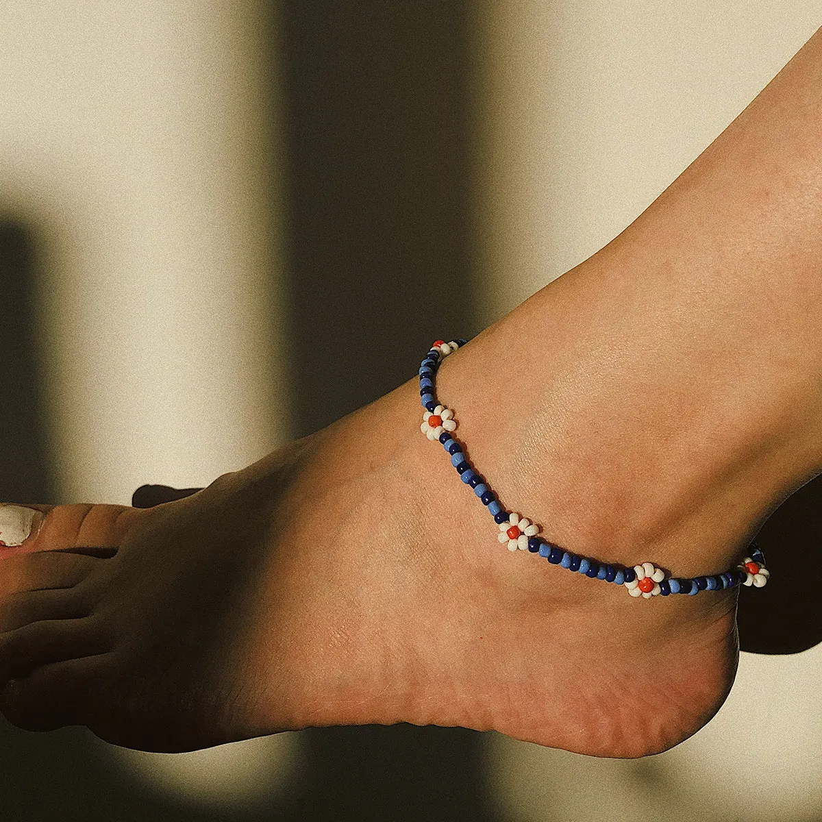 Blue Floral Beaded Anklet