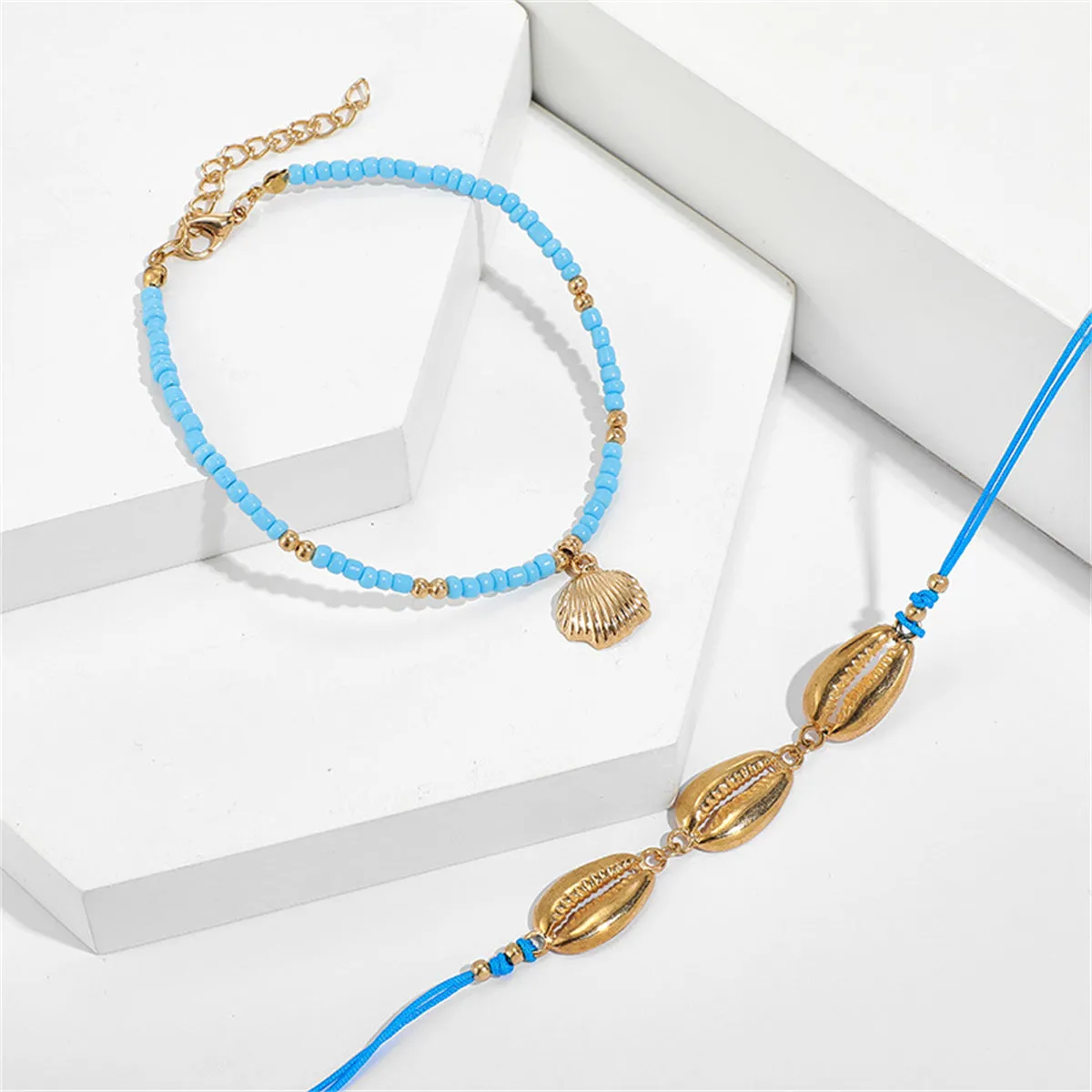 Blue Howlite & 18K Gold-Plated Beaded Charm Anklet Set