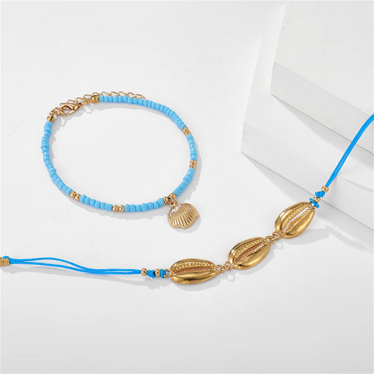 Blue Howlite & 18K Gold-Plated Beaded Charm Anklet Set