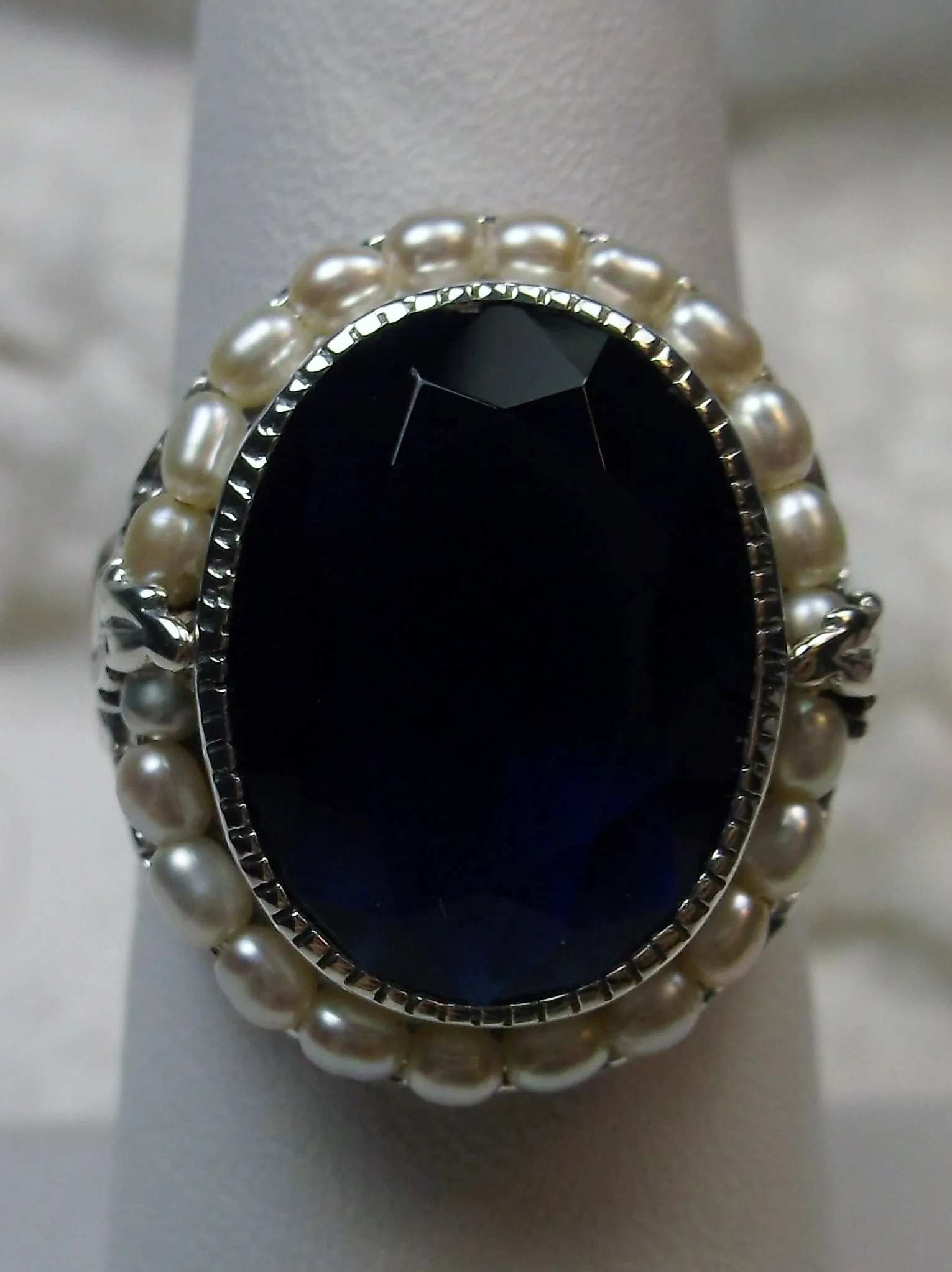 Blue Sapphire Ring, Garden Leaf Silver Filigree, Victorian Jewelry #D156