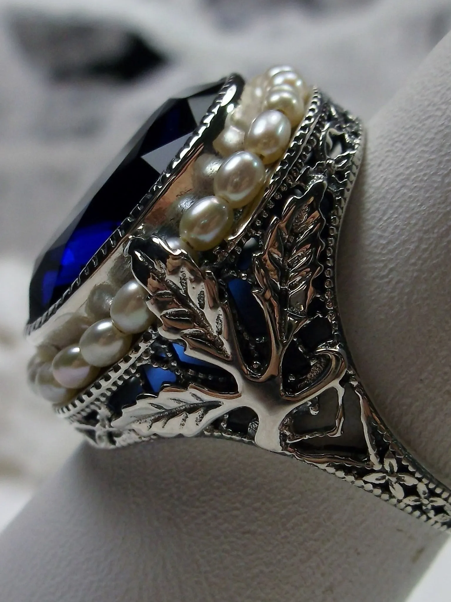 Blue Sapphire Ring, Garden Leaf Silver Filigree, Victorian Jewelry #D156
