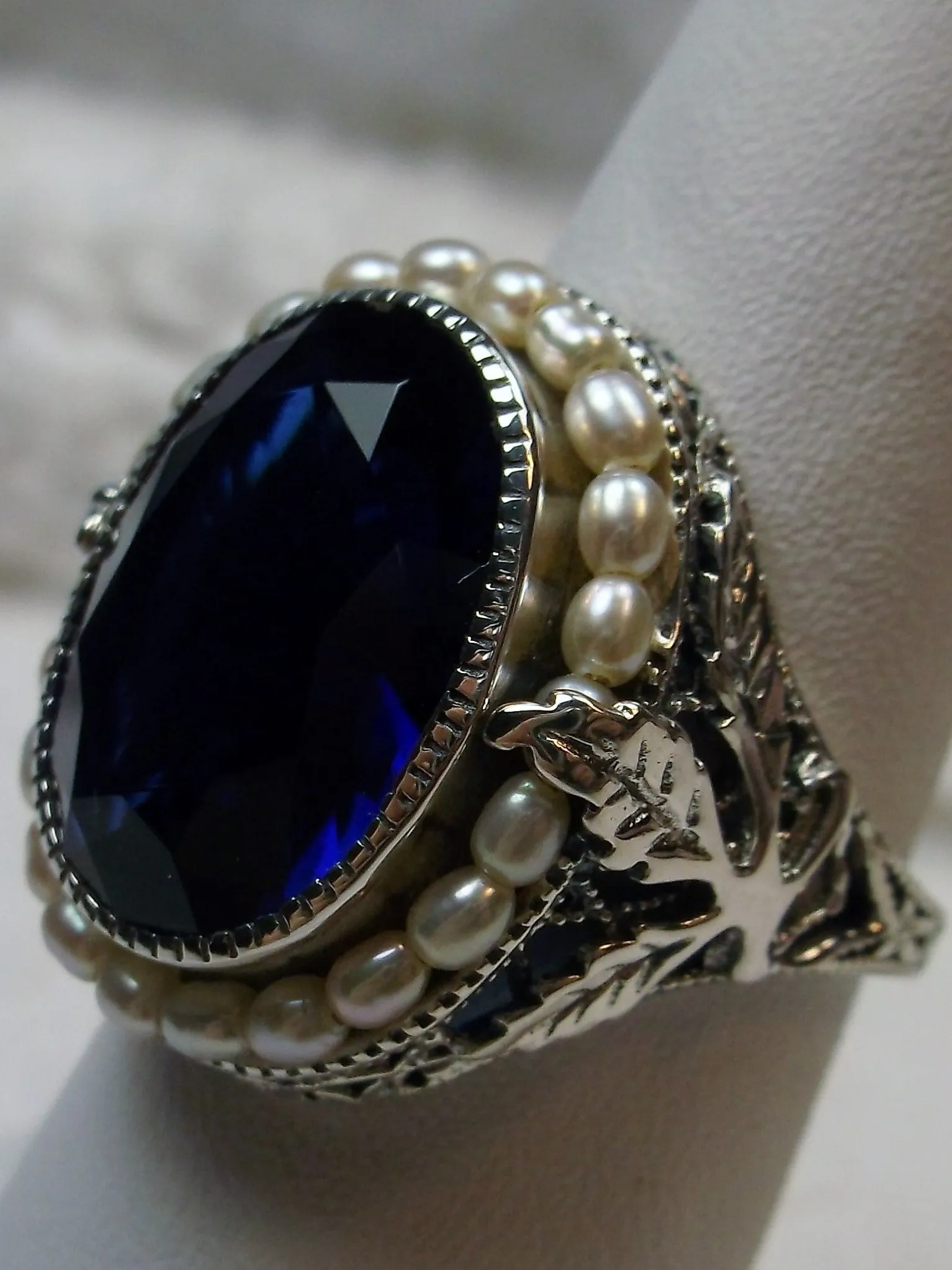 Blue Sapphire Ring, Garden Leaf Silver Filigree, Victorian Jewelry #D156