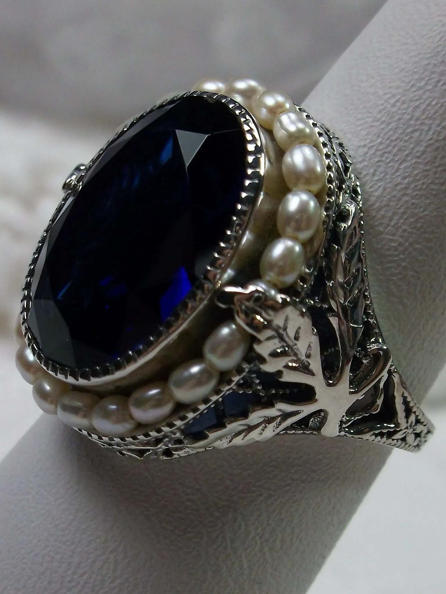 Blue Sapphire Ring, Garden Leaf Silver Filigree, Victorian Jewelry #D156