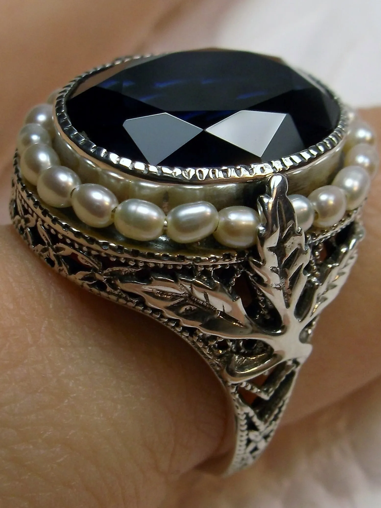 Blue Sapphire Ring, Garden Leaf Silver Filigree, Victorian Jewelry #D156