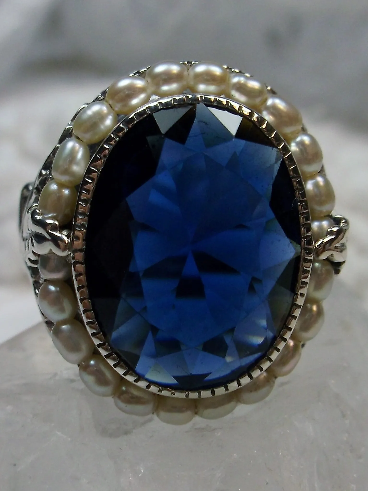 Blue Sapphire Ring, Garden Leaf Silver Filigree, Victorian Jewelry #D156