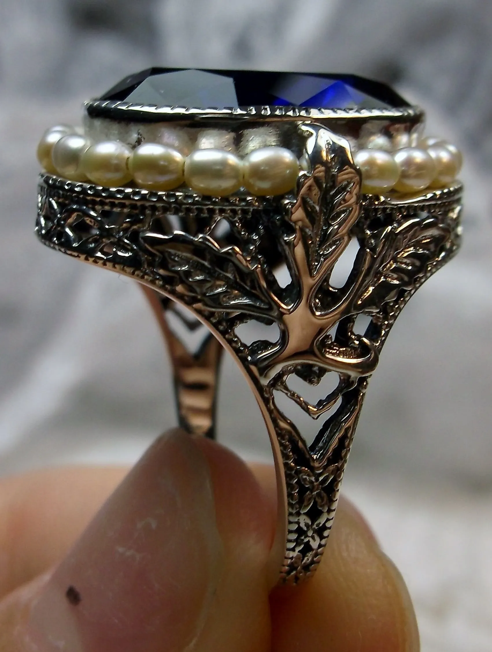 Blue Sapphire Ring, Garden Leaf Silver Filigree, Victorian Jewelry #D156