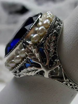 Blue Sapphire Ring, Garden Leaf Silver Filigree, Victorian Jewelry #D156