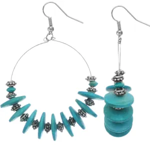 Blue Wooden Round Spacer Hoop Earrings