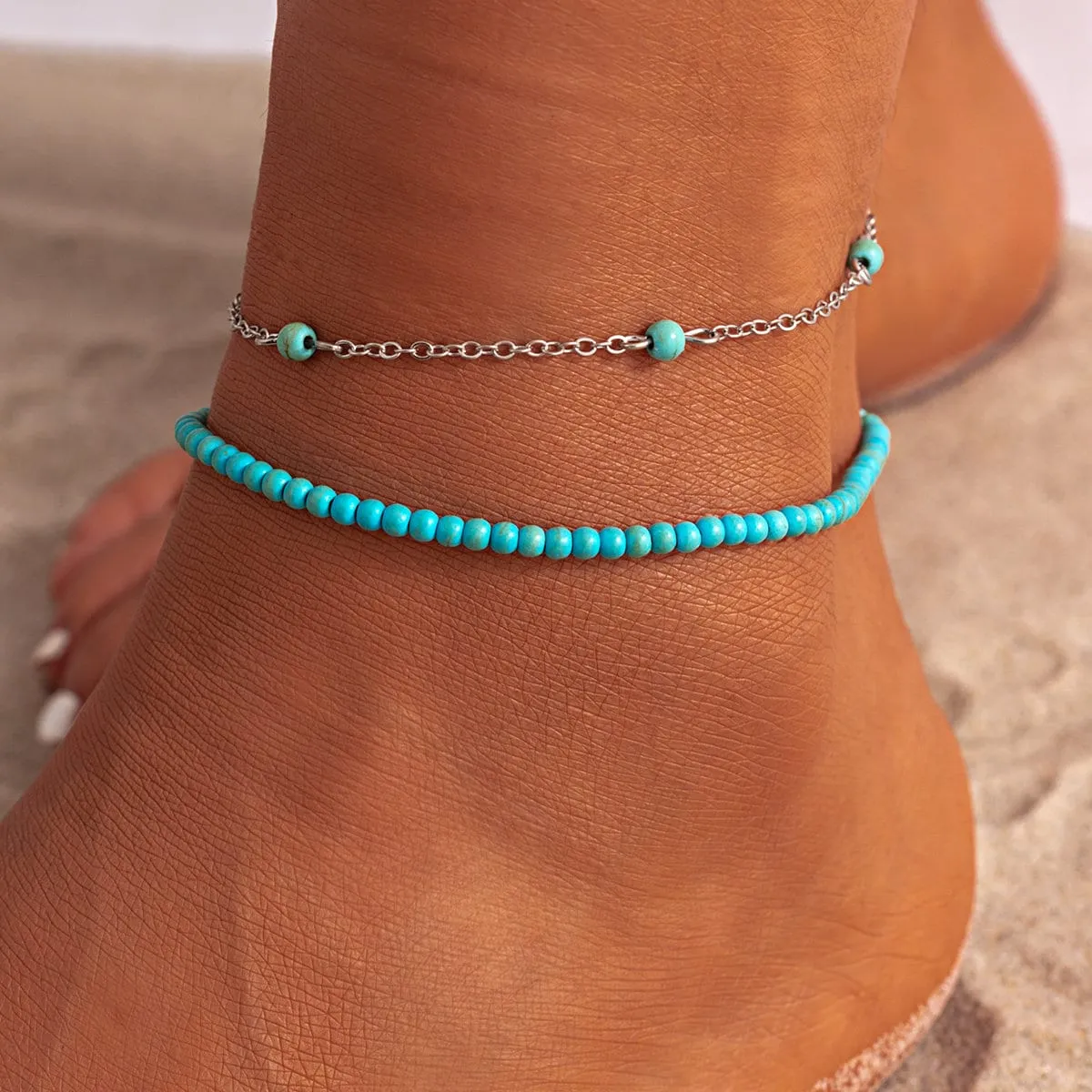 Bohemia Layered Seed Beaded Turquoise Anklet Set