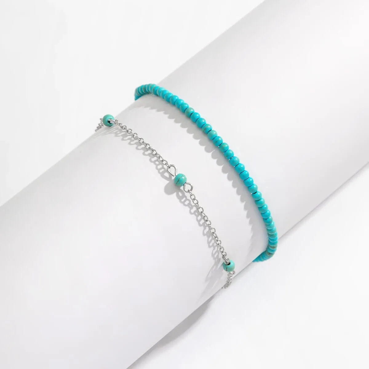 Bohemia Layered Seed Beaded Turquoise Anklet Set