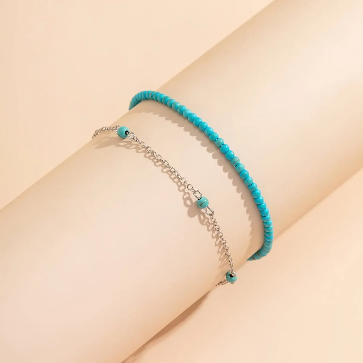 Bohemia Layered Seed Beaded Turquoise Anklet Set