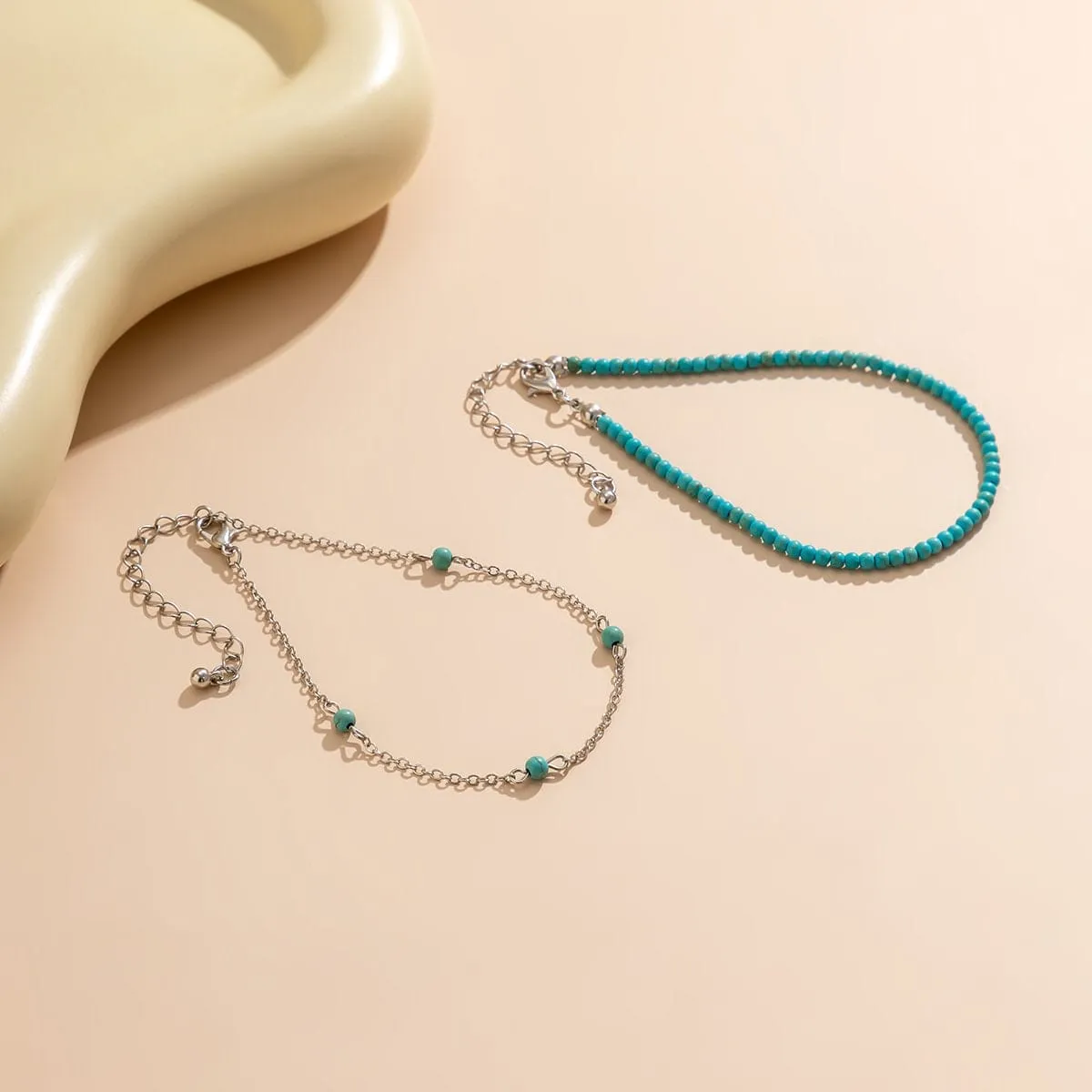 Bohemia Layered Seed Beaded Turquoise Anklet Set