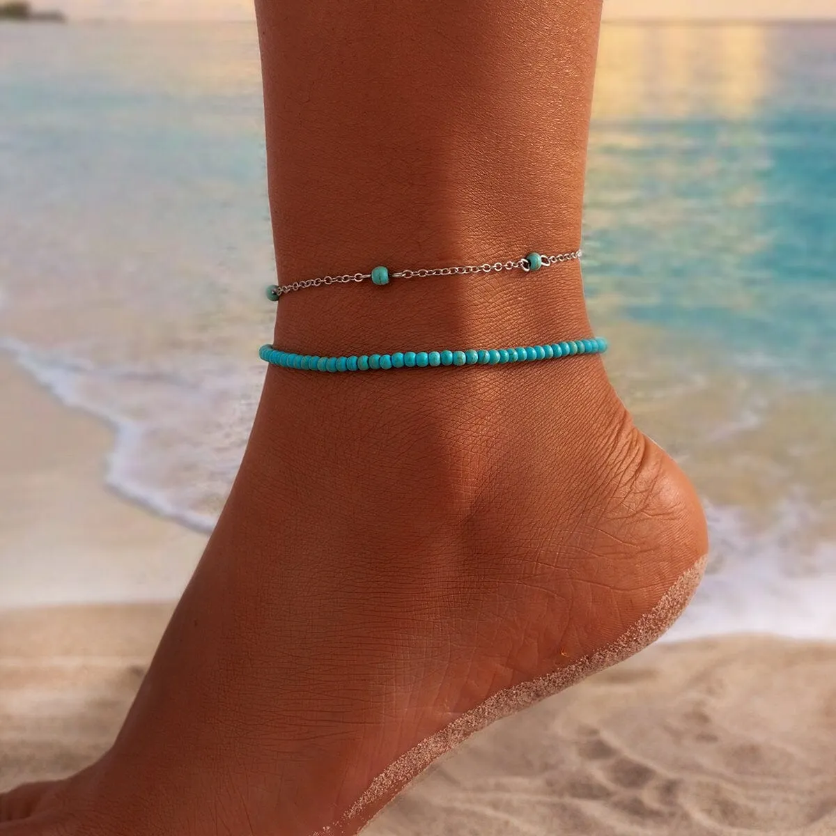 Bohemia Layered Seed Beaded Turquoise Anklet Set