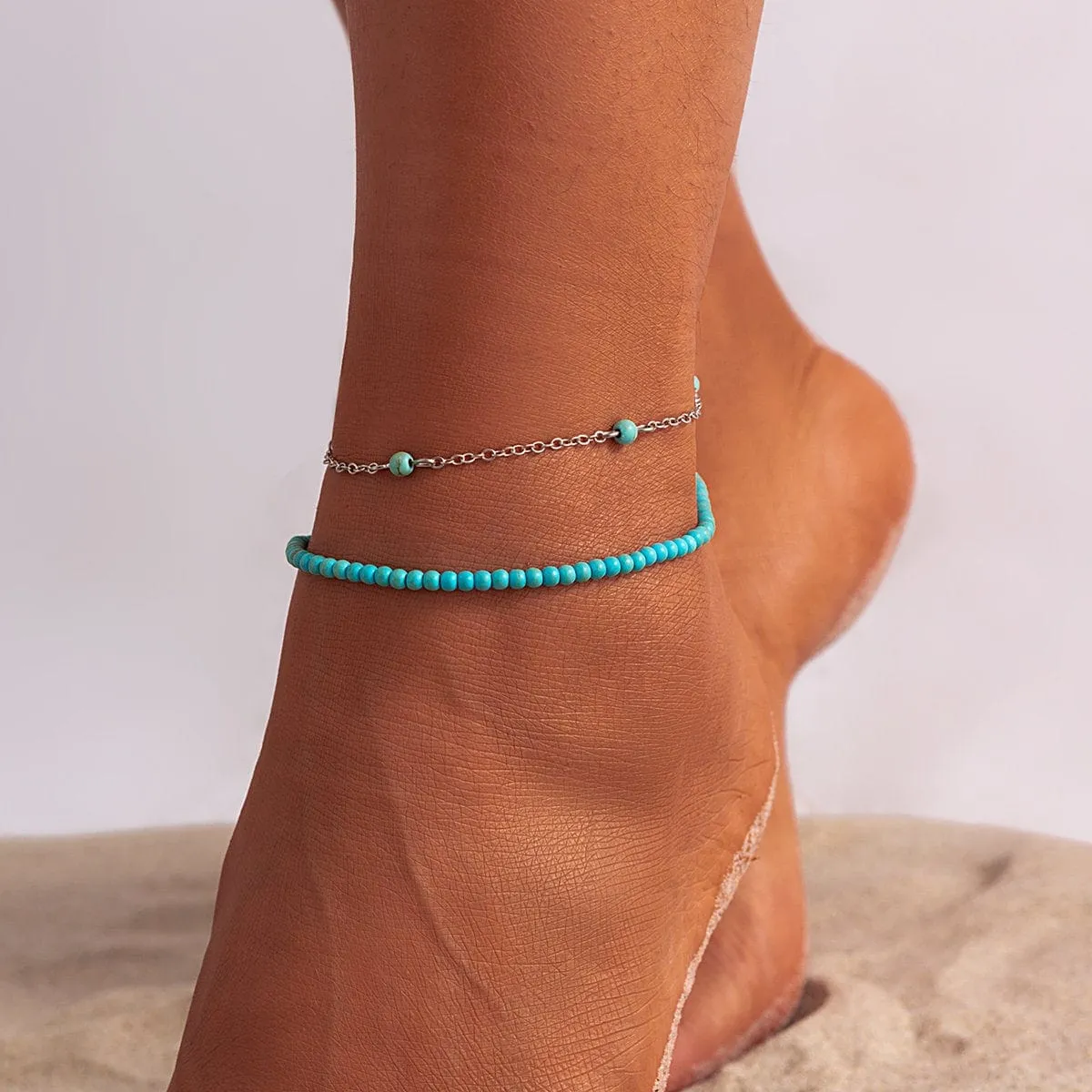 Bohemia Layered Seed Beaded Turquoise Anklet Set