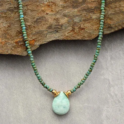 Bohemian Seed Beads Teardrop Pendant Necklaces with Amazonite, Lapis Lazuli, Red Jasper