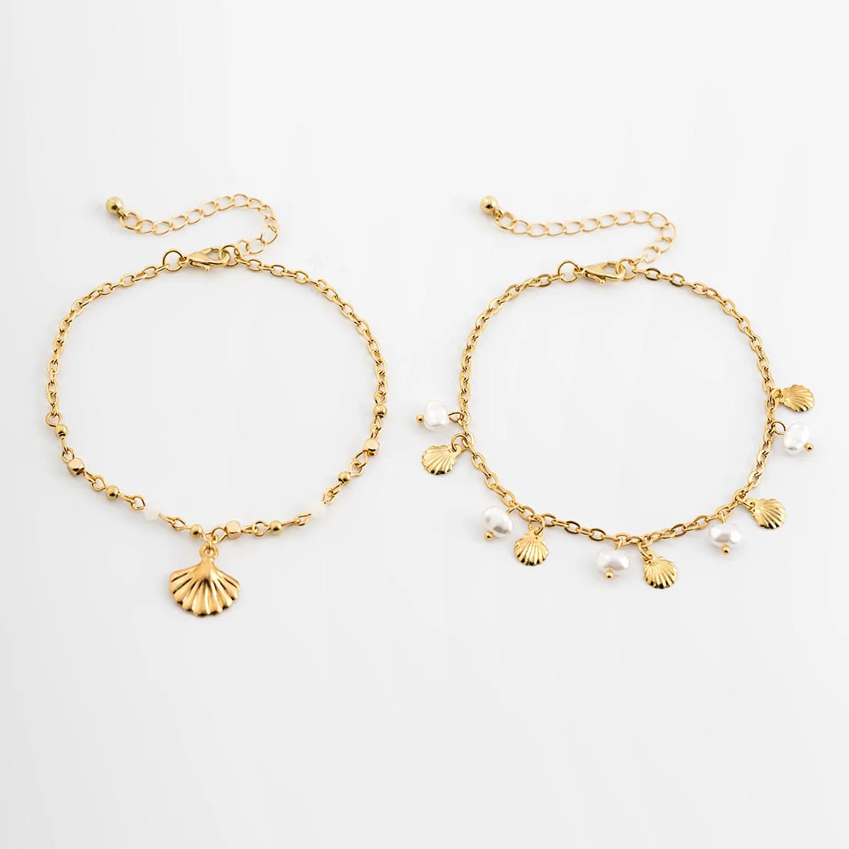Boho 2Pcs Shell Charm Pearl Tassel Anklet Set