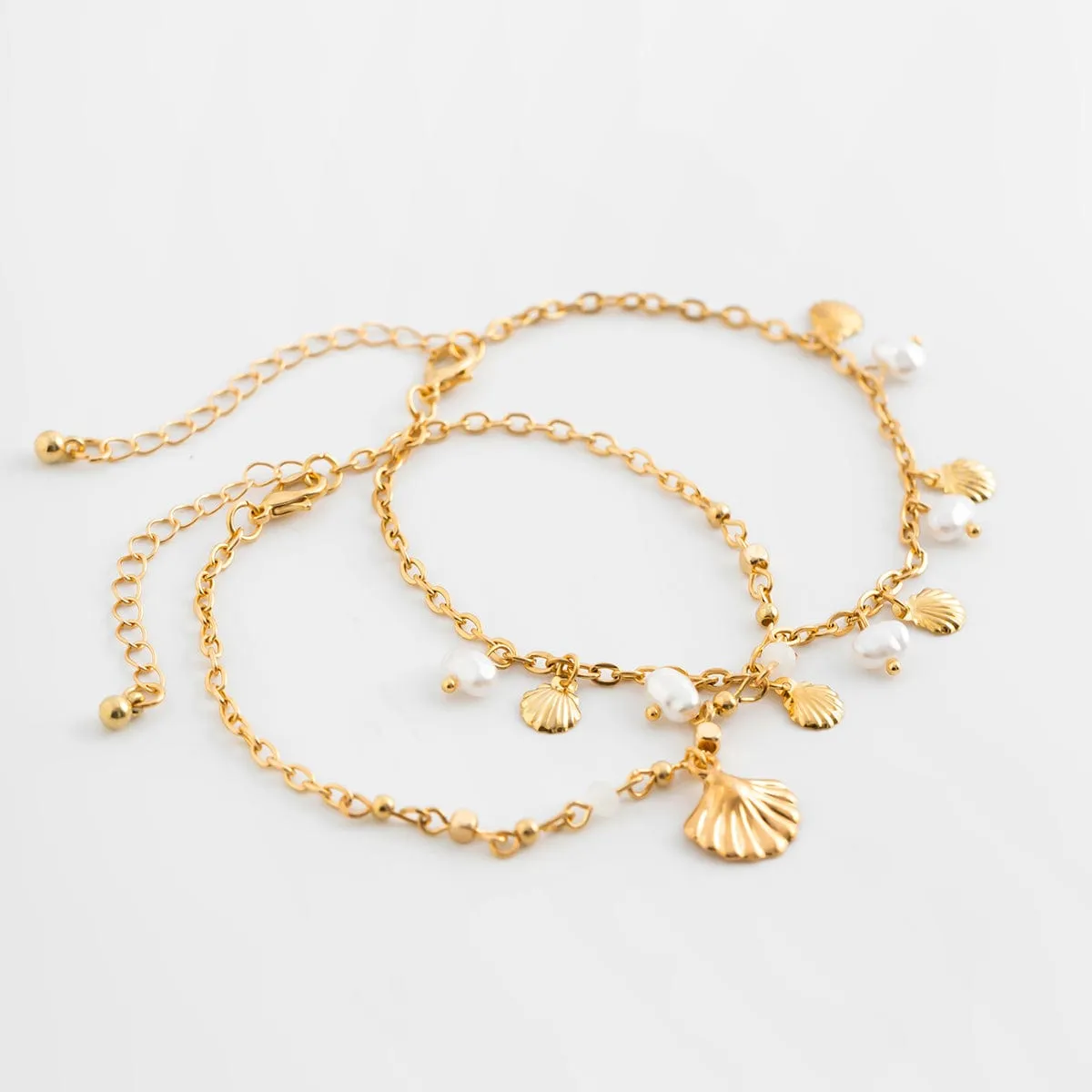 Boho 2Pcs Shell Charm Pearl Tassel Anklet Set