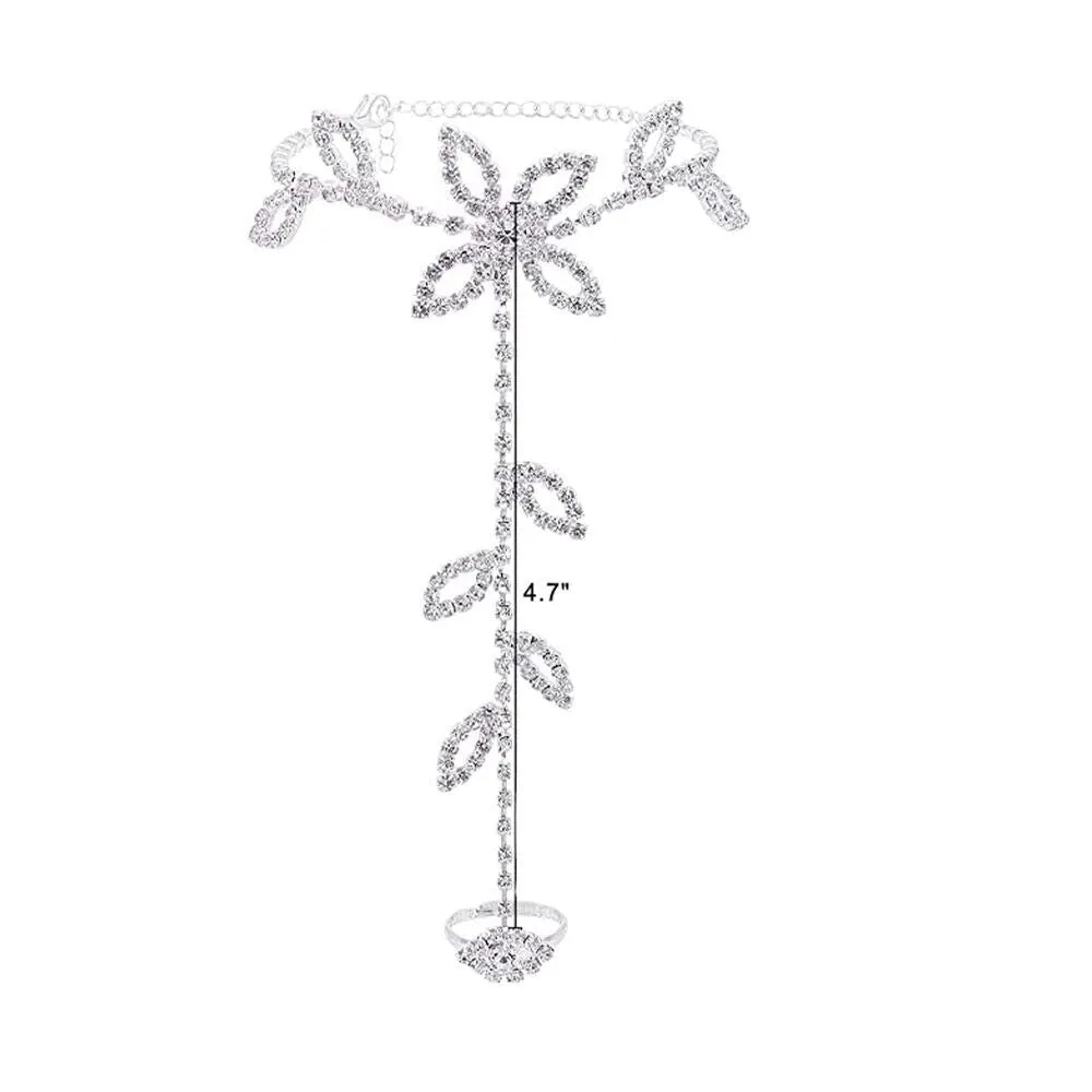 Boho Beach Wedding Anklet with Rhinestone Toe Ring & Leaf - 11 Inches, Cubic Zirconia Gemstone, Lobster Claw Closure