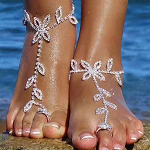 Boho Beach Wedding Anklet with Rhinestone Toe Ring & Leaf - 11 Inches, Cubic Zirconia Gemstone, Lobster Claw Closure