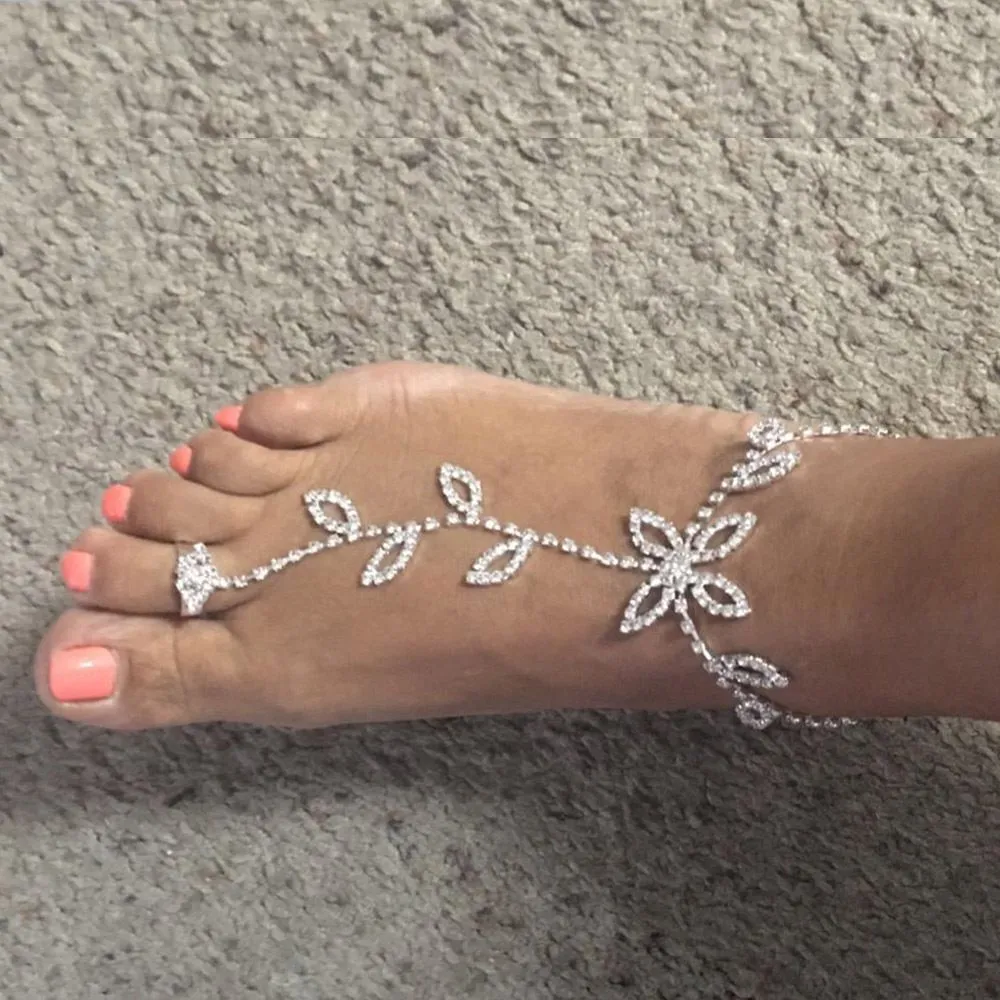 Boho Beach Wedding Anklet with Rhinestone Toe Ring & Leaf - 11 Inches, Cubic Zirconia Gemstone, Lobster Claw Closure
