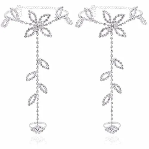 Boho Beach Wedding Anklet with Rhinestone Toe Ring & Leaf - 11 Inches, Cubic Zirconia Gemstone, Lobster Claw Closure