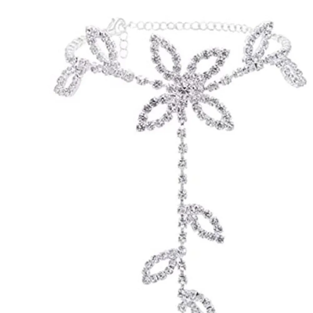 Boho Beach Wedding Anklet with Rhinestone Toe Ring & Leaf - 11 Inches, Cubic Zirconia Gemstone, Lobster Claw Closure