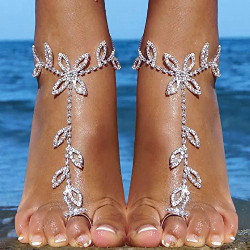 Boho Beach Wedding Anklet with Rhinestone Toe Ring & Leaf - 11 Inches, Cubic Zirconia Gemstone, Lobster Claw Closure