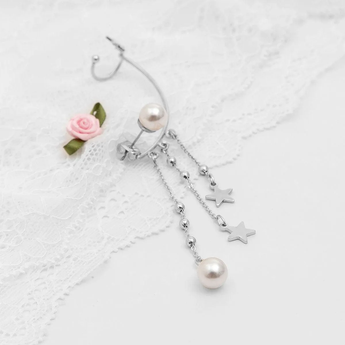 Boho Dangling Pearl Star Tassel Ear Wrap Stud Earring