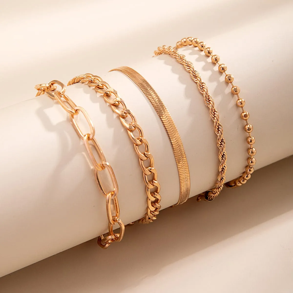 Boho Layered Gold Plated Cable Chain Stackable Anklet Set