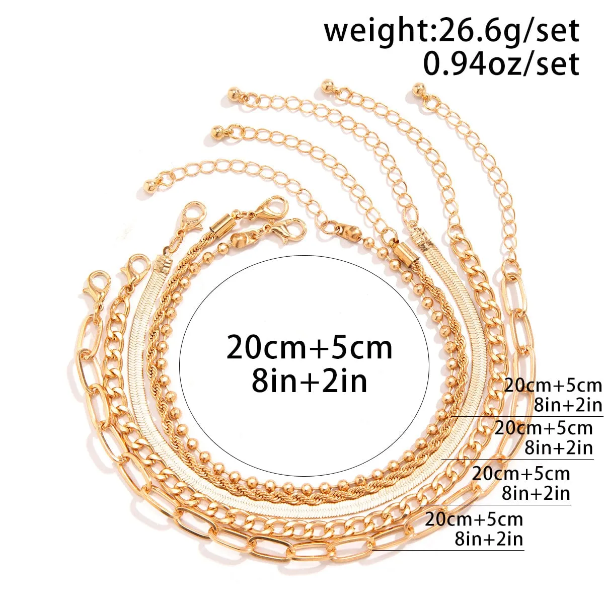 Boho Layered Gold Plated Cable Chain Stackable Anklet Set