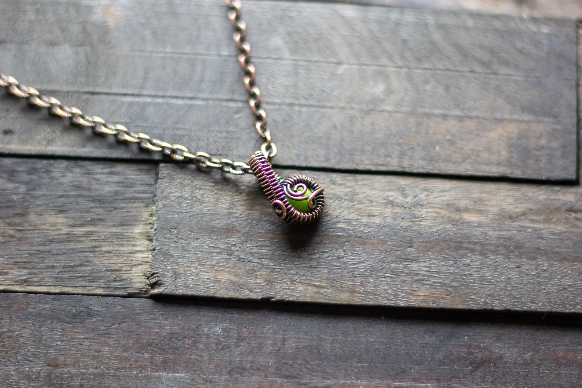 Bright Green Fused Glass Mini Pendant with Copper Wire Wrapping