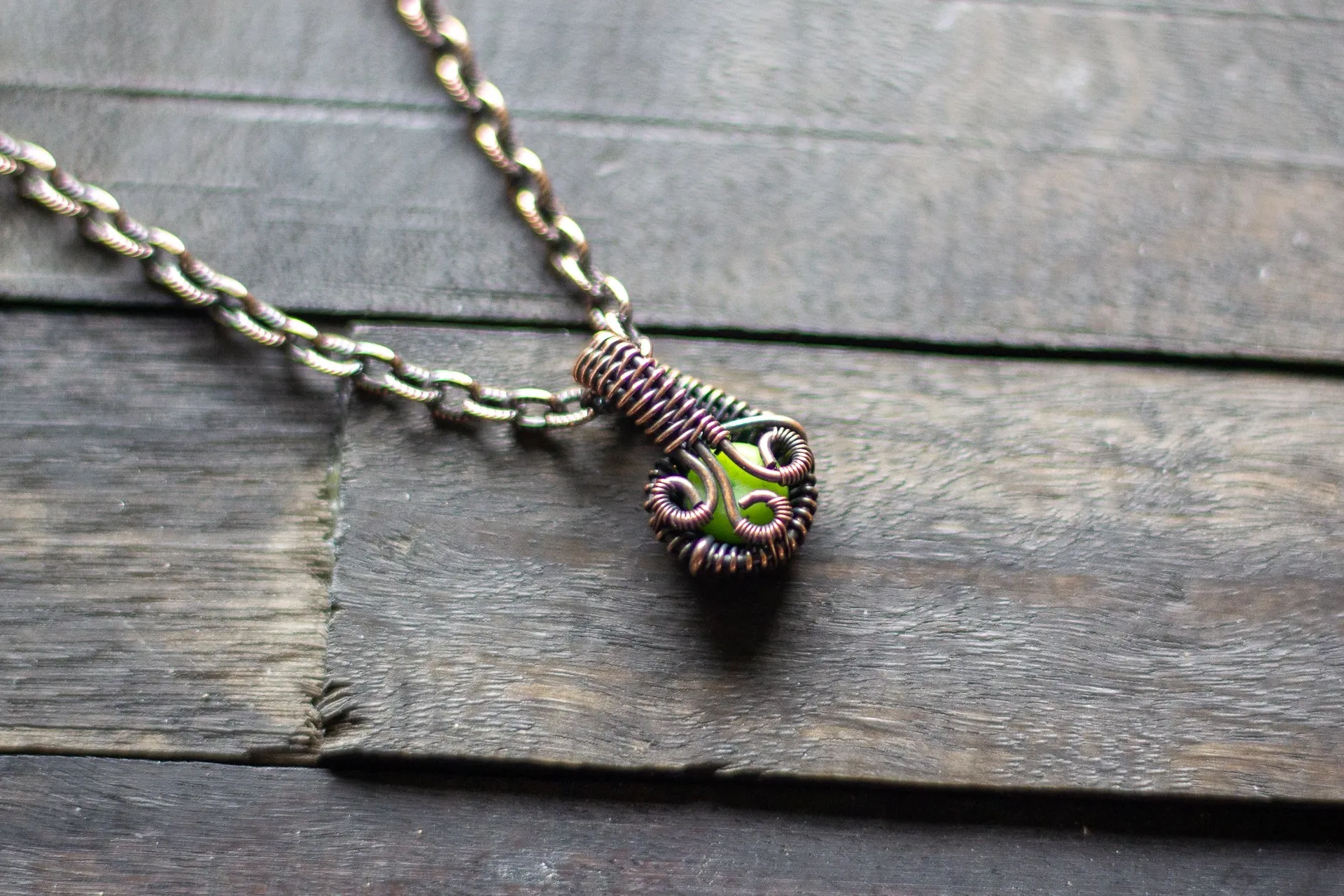 Bright Green Fused Glass Mini Pendant with Copper Wire Wrapping