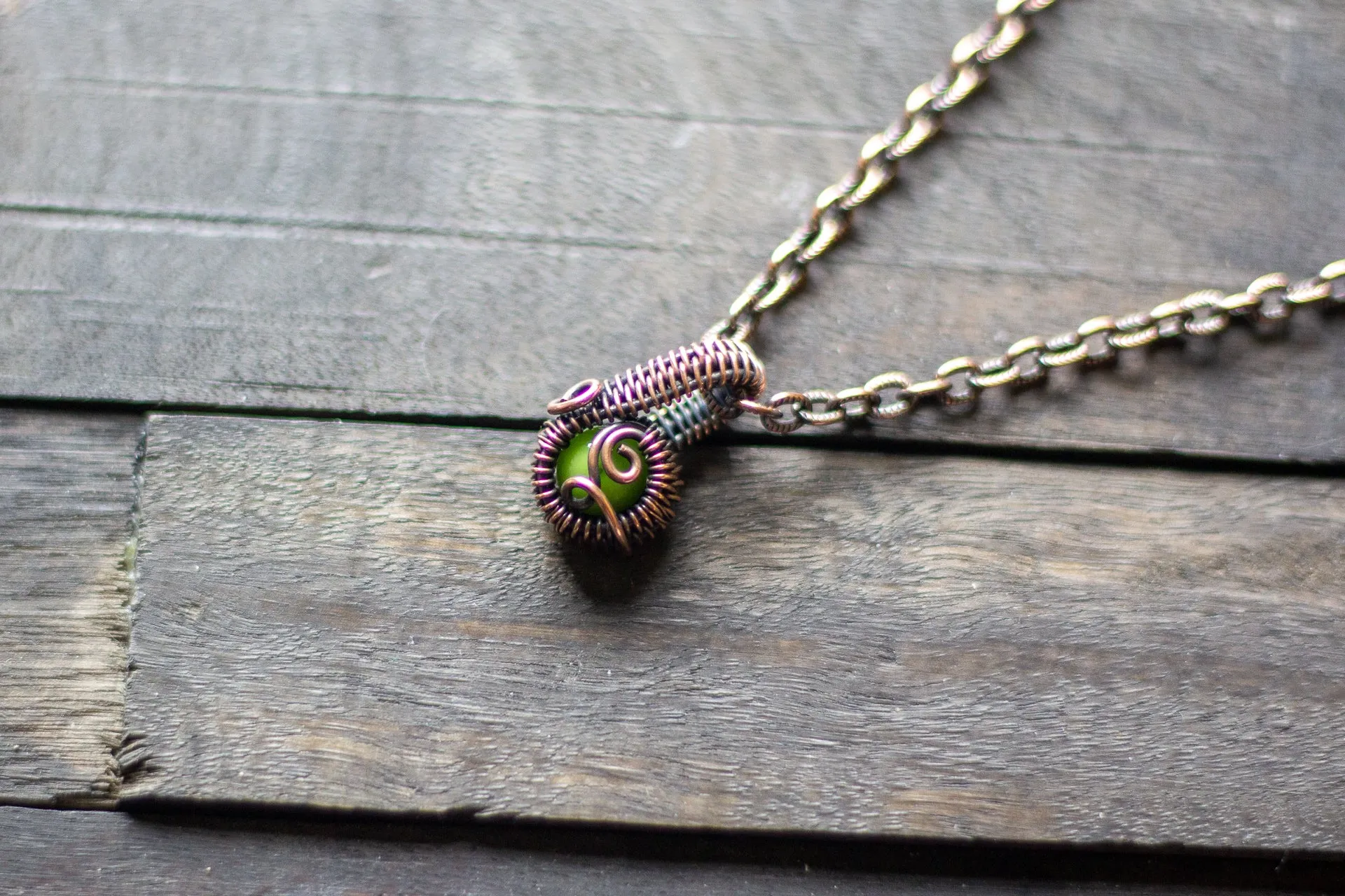 Bright Green Fused Glass Mini Pendant with Copper Wire Wrapping