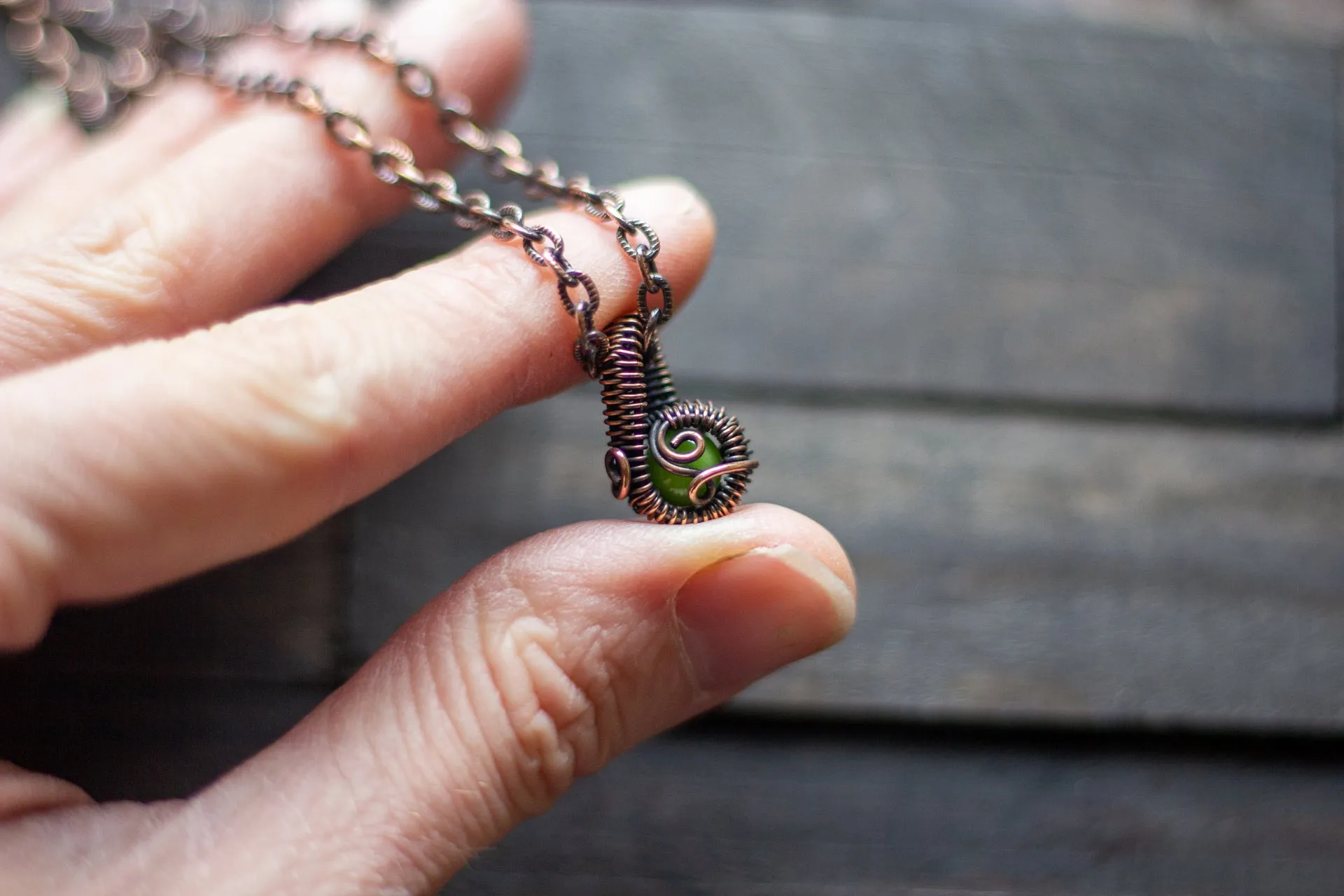Bright Green Fused Glass Mini Pendant with Copper Wire Wrapping