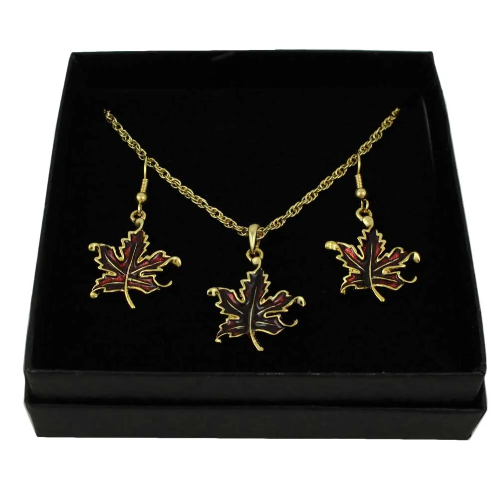 Burgundy Enamel Maple Leaf Necklace and Earring Set - PRL341NBS