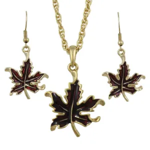 Burgundy Enamel Maple Leaf Necklace and Earring Set - PRL341NBS