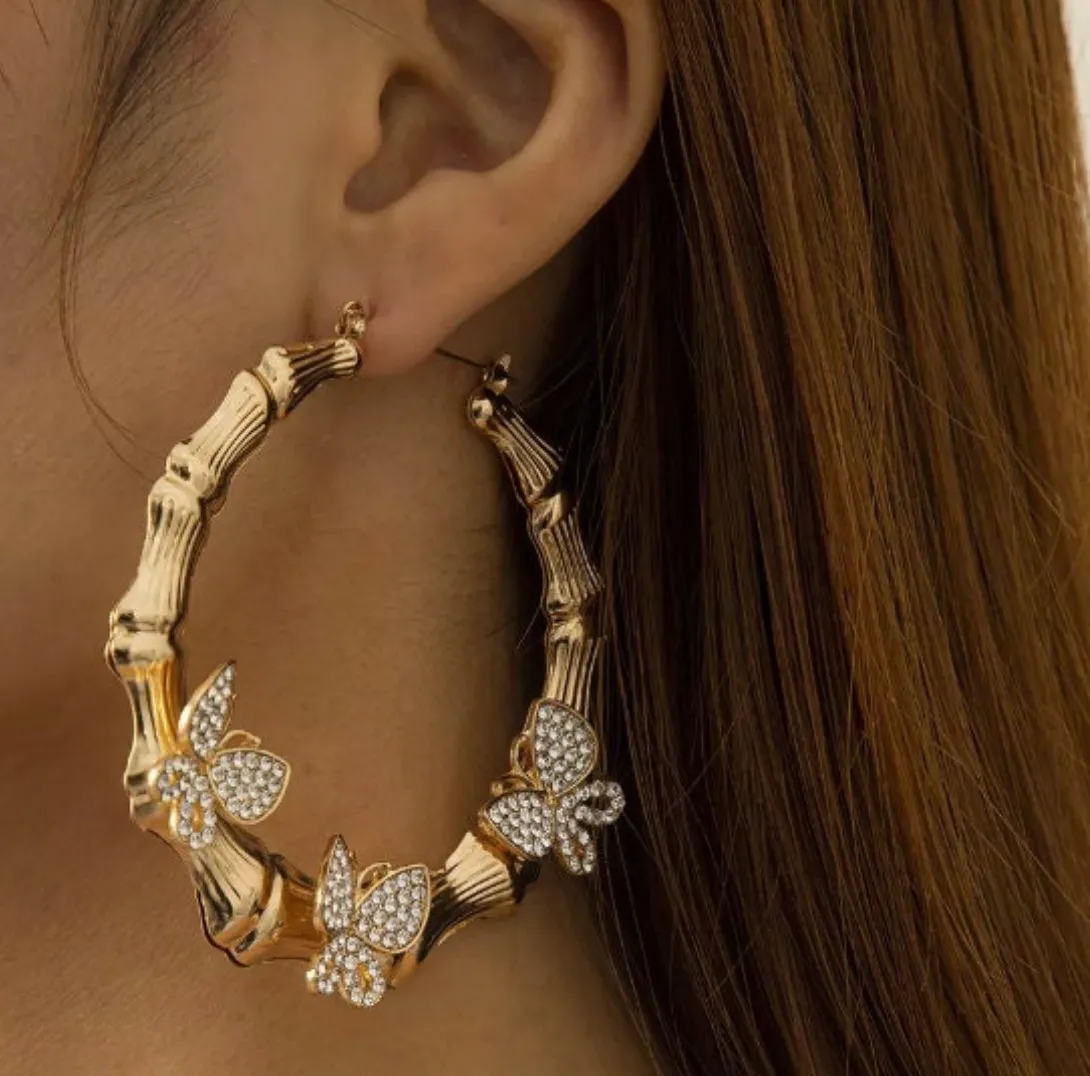 Butterfly Earrings | Hoop Earrings | Womens Big Diamond Earrings | Silver Hoop Earrings with Diamonds | Big Gold Hoop Earrings