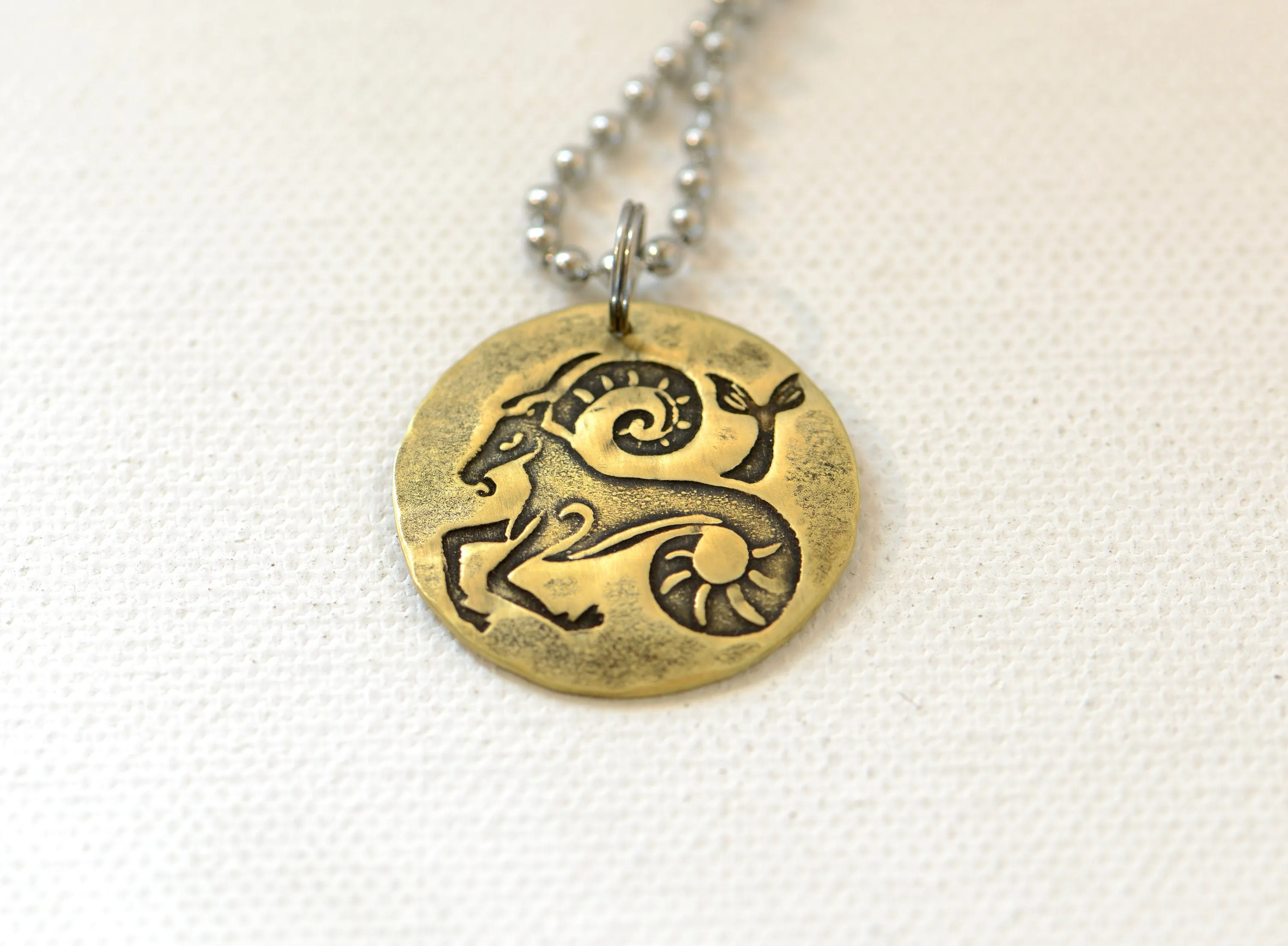 Capricorn Zodiac Brass Disc Necklace